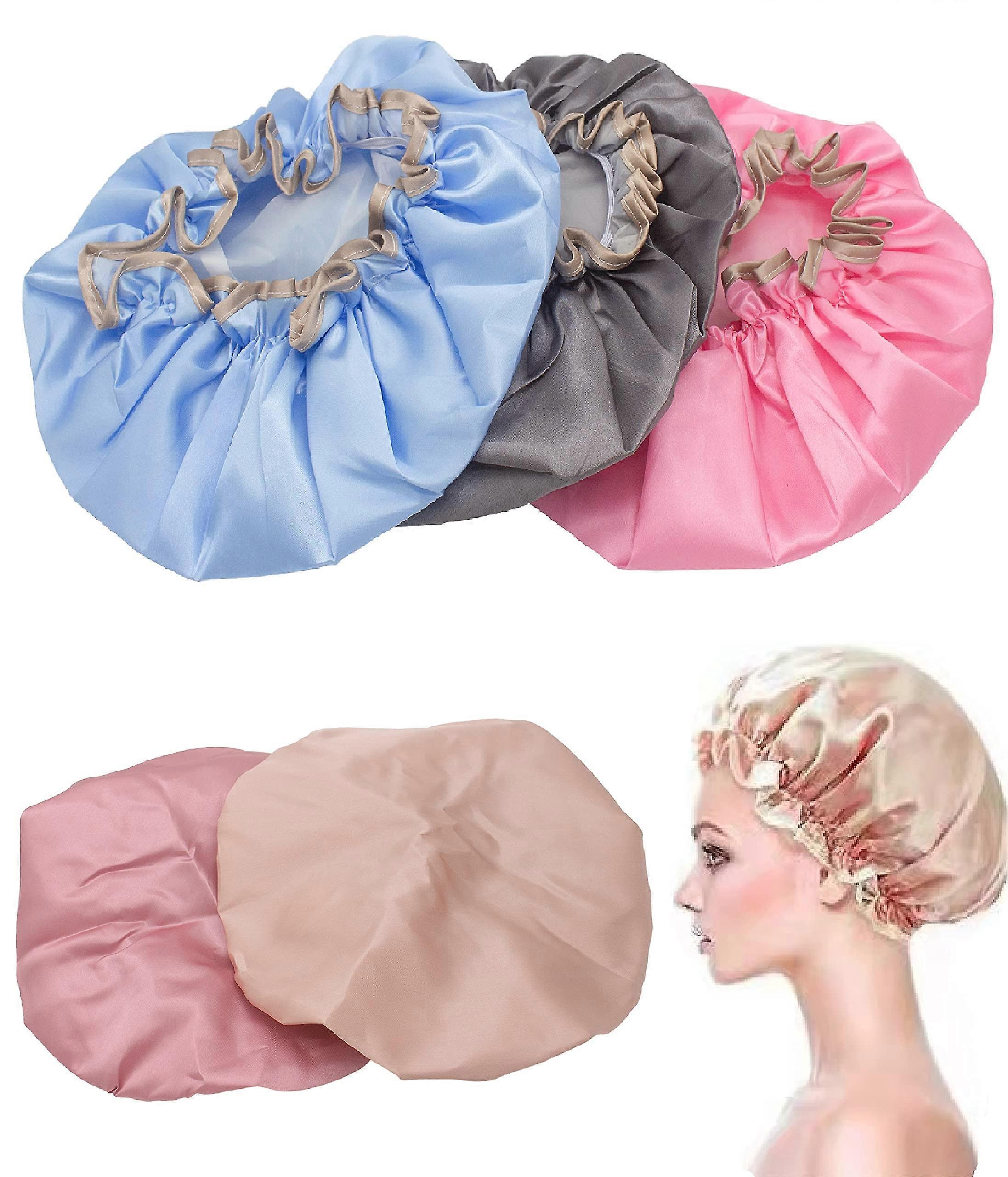 5 Pack Shower Cap Double Layer Waterproof Reusable Hair Protection Medium Size Multicolor