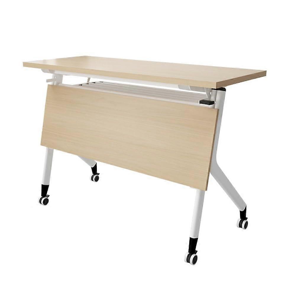 Folding Training Table 140x40cm with Wood Grain Finish and Rollers for Office Conference