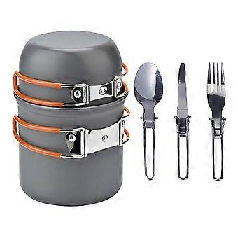 1 Set Camping Cookware with Folding Pot Spoon Fork Cutter 1-2 Person Heavy Duty Aluminum Alloy