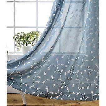 Kwiatowe haftowane półczyste zasłony Faux Linen Grommet Zestaw zasłon do sypialni 52 X 95 cali, zgaszony niebieski