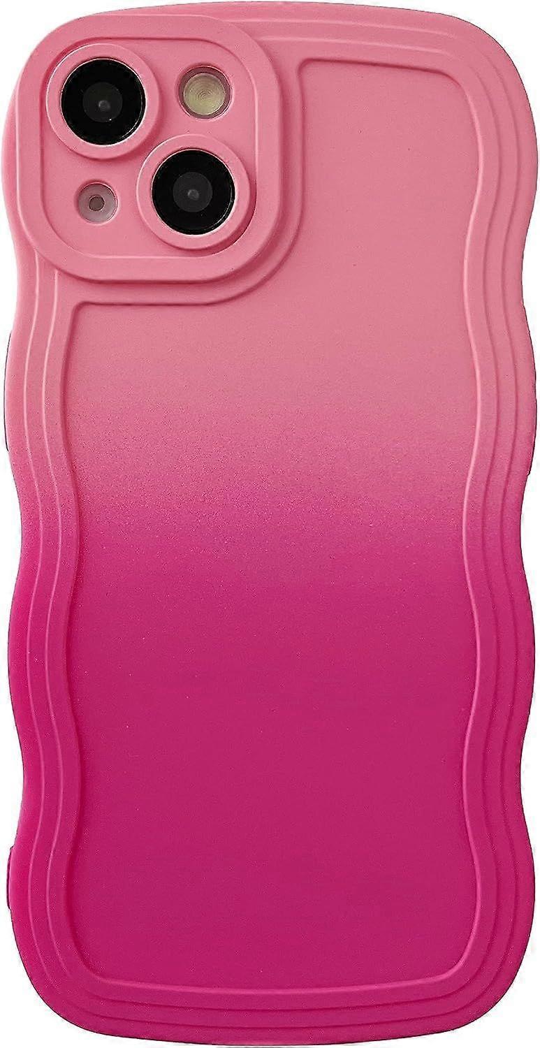 Gradient Solid Color Curly Wave Frame Soft Compatible with iPhone Case (Pink Red,iPhone 14 Pro)