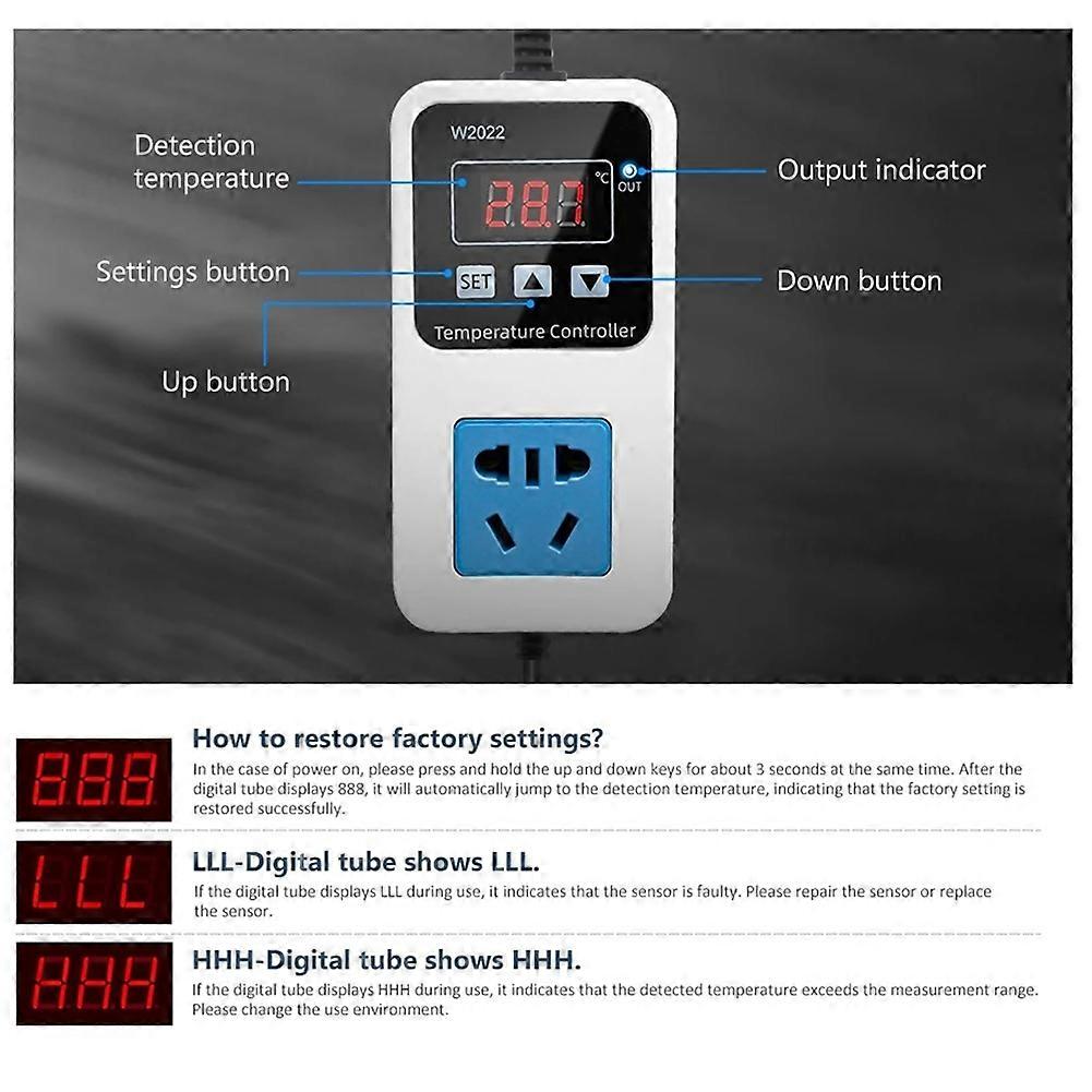 W2022 Digital Temperature Controller Socket, 1500W Smart Thermostat Regulator with Waterproof Sensor US Plug