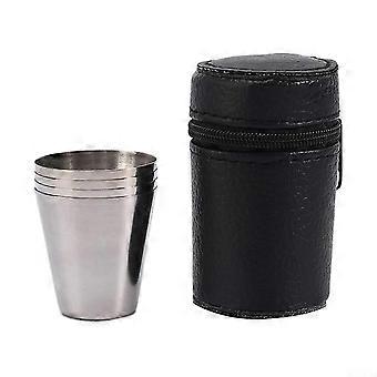 Stainless Steel Camping Cup Set of 4, 30ml Shot Glasses with Leather Case for Outdoor Picnic