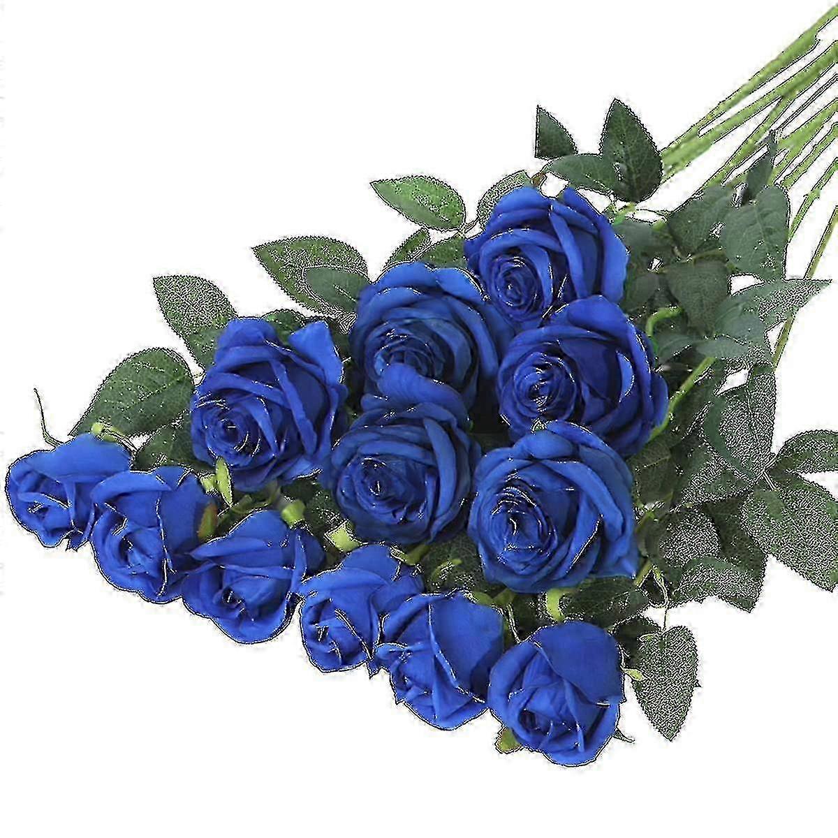 Realistic Blue Silk Roses Long Stem Set