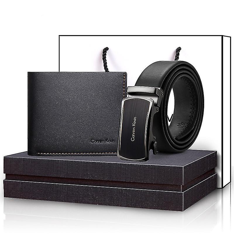 حزام جلد رجالي قابل للتعديل ومجموعة محفظة ثنائية الطي، أسود - أحزمة ومحافظ فاخرة للرجال - متين سبيكة السقاطة مشبك-hy