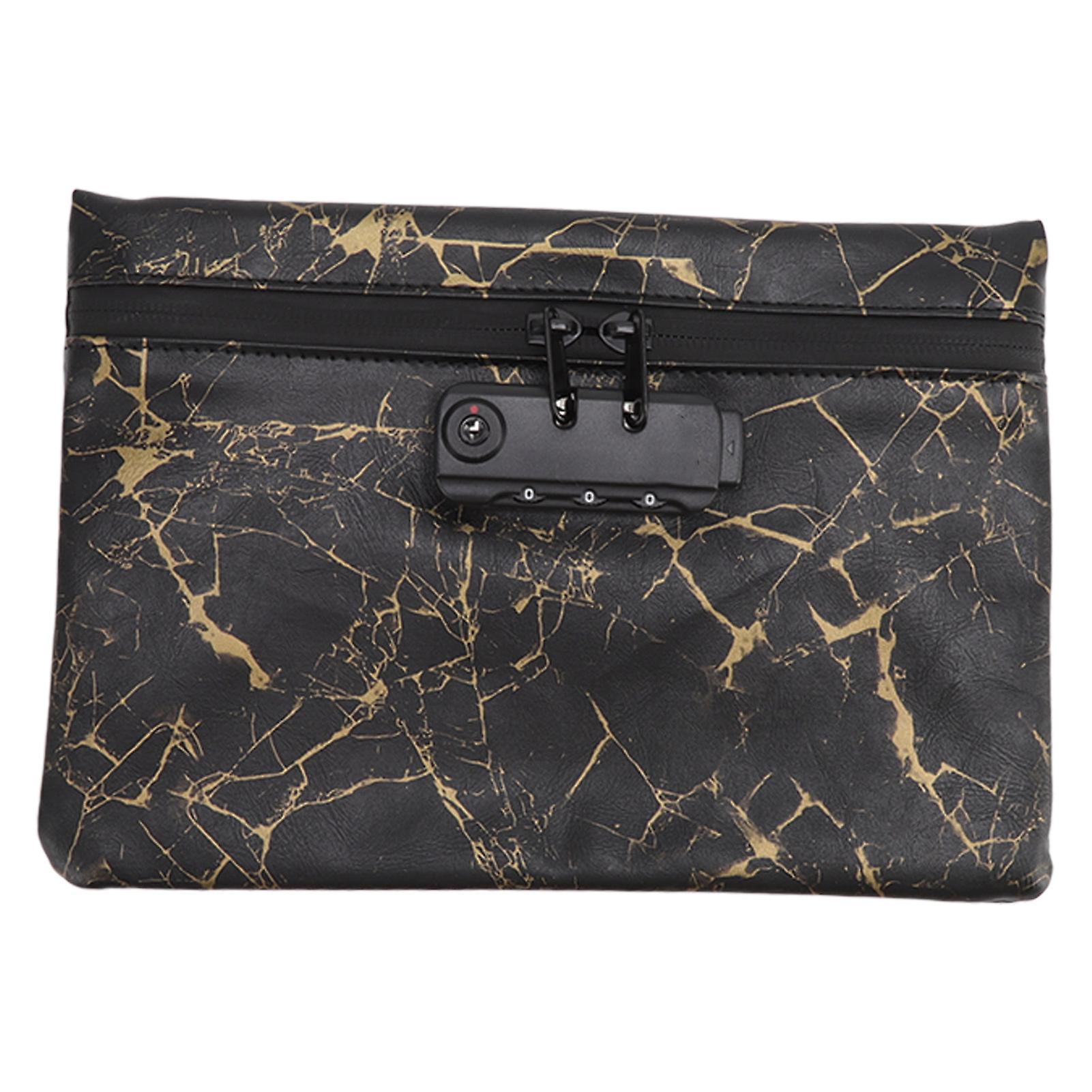 Smell Proof Bag PU Leather Reinforced Stitching Waterproof Zipper Closure Odor Proof Pouch with Password Lock Dark Gold