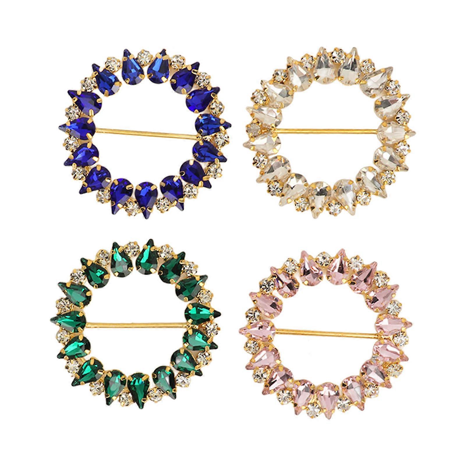 4pcs Metal Round T Shirt Clips Fashionable Sparkling Multi Layer Plating Polished Rhinestone Scarf Buckle for Women