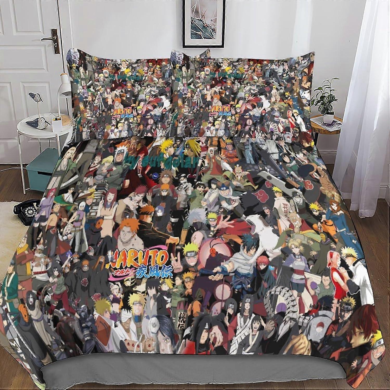 Naruto 3D Bedding Set, 3 Pcs Anime Bedding Set Microfiber Duvet Cover & Pillowcases with Zipper Closure for Single or Double Bed
