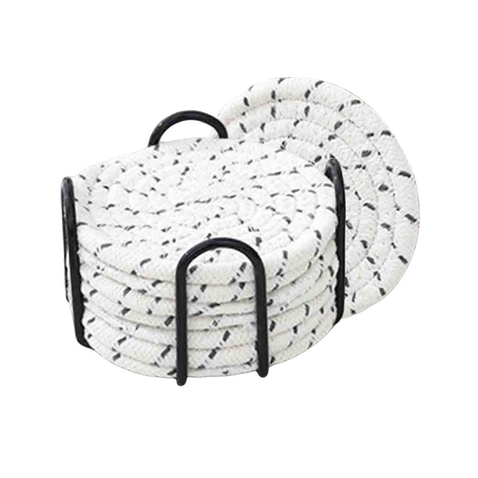 8 Pcs Cotton Woven Coasters Absorbent Drink Coasters Set with Metal Holder Round Placemats for Table Protection Home Decor