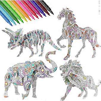 3d Coloring Puzzle Set, 4 Animals Painting Puzzles With 12 Pen Markers, Creativity Diy Gift For Boys Girls Age 8-12 Years Old Kids