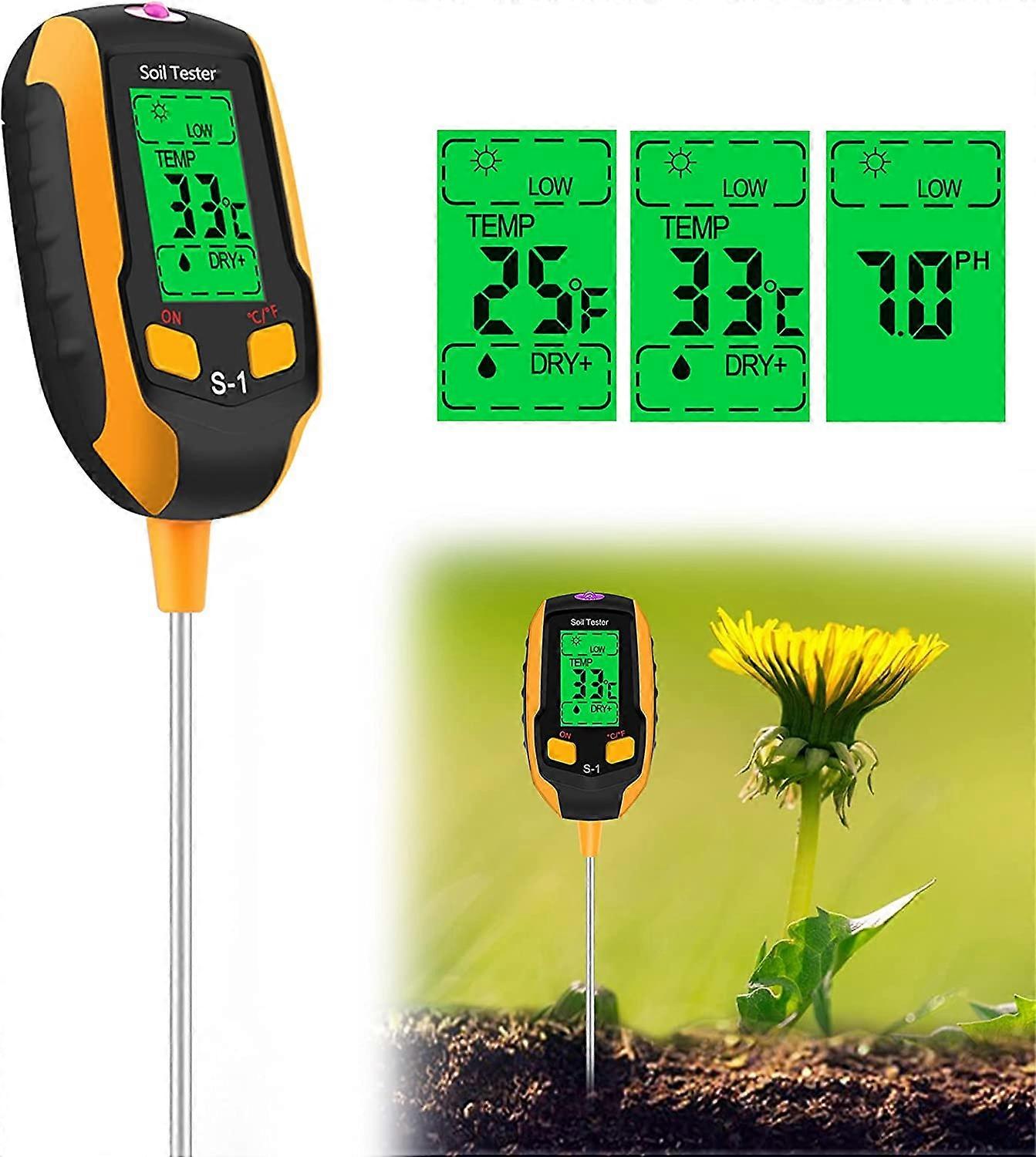 Upgraded 4-in-1 Soil PH Meter, Soil Tester Moisture with Light/PH/Temperature, Digital Plant Thermometer Test, Moisture Meter Light for Gardening, Far