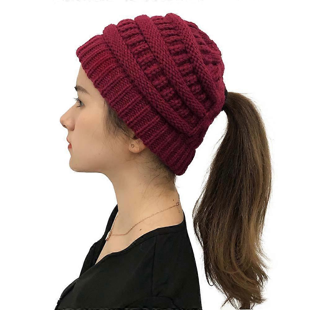 Ladies Ponytail Messy Bun Caps Beanie Cable Knitted Pony Tails Stretch Hat