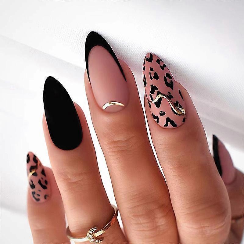 24 frosted leopard patterned false nails, black and gold French patterns, beautiful leopard false nails with mini nail glue, almond glue nails for wom