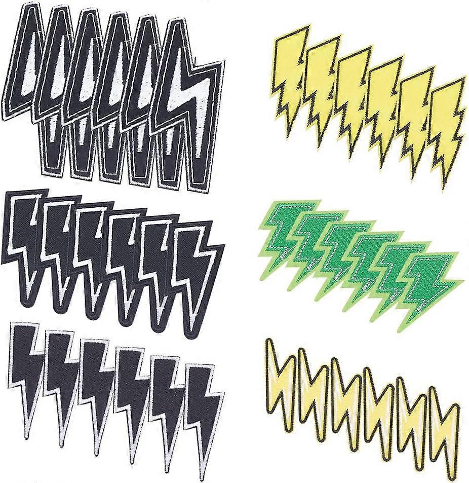 36PCS Lightning Iron On Patch 6 Style Sew On Appliques Yellow Black Green Lightning Bolt Polyester Computerized Embroidery Patches with Adhesive Back