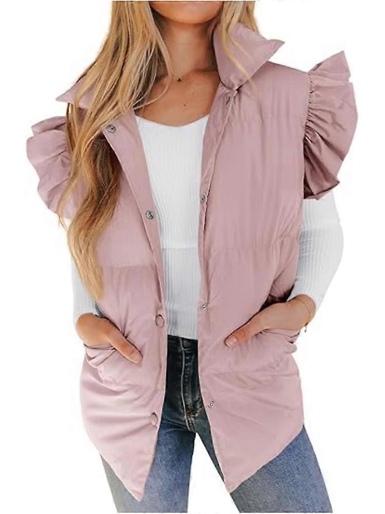 Women's Ruffle Sleeve Puffer Vests Button Padded Gilet with Pocket
