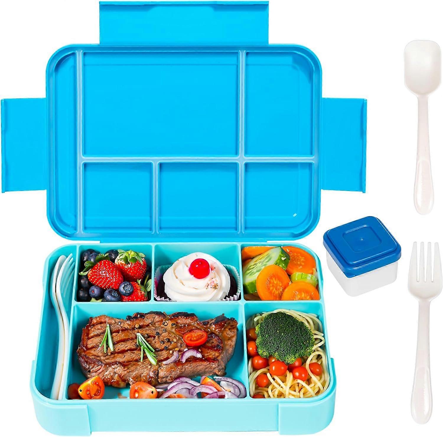 Pudełko na lunch dla dzieci z przegródkami Pudełko na lunch 1330 ml dla dzieci szczelne pudełko na przekąski z 6 przegródkami sztućce można używać w kuchence mikrofalowej (jasnoniebieski)