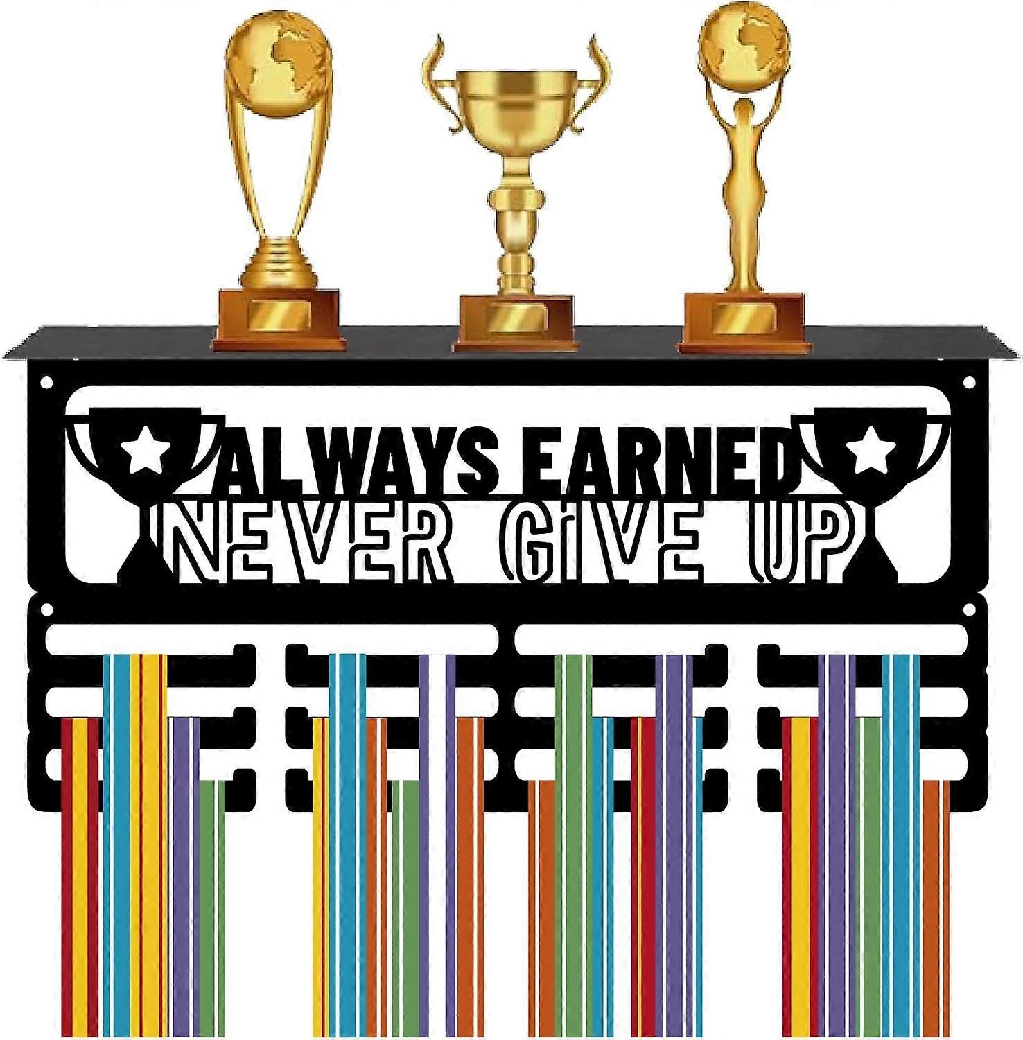 Never Give Up Medal Hanger Display Trophy Shelf Medal Holder with Shelf Stand Sports 3 Rows Metal Hanging Wall Mount Hold 70+ Medals for Running Compe