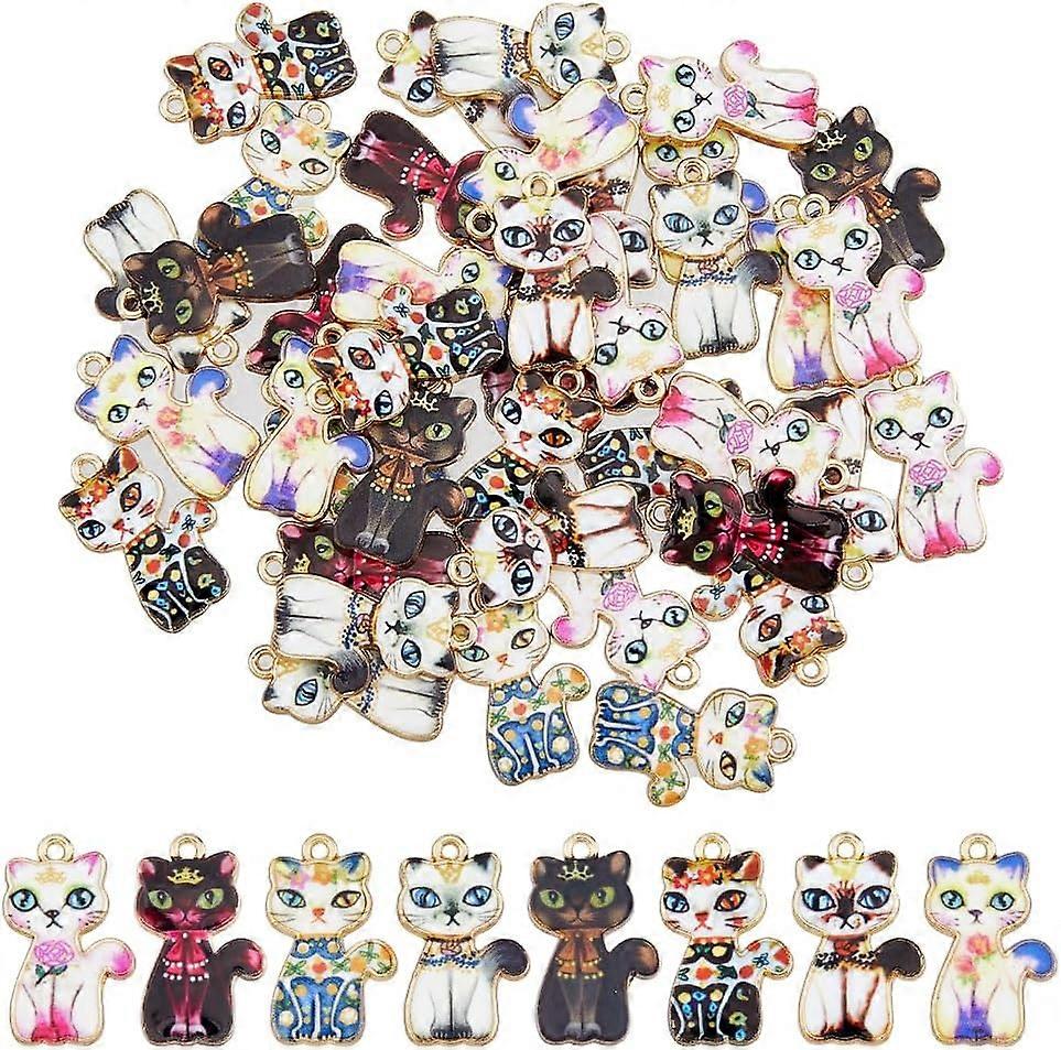Light Gold Alloy Enamel Pendants Multiple Style Printed Cat Charm for Jewelry Making