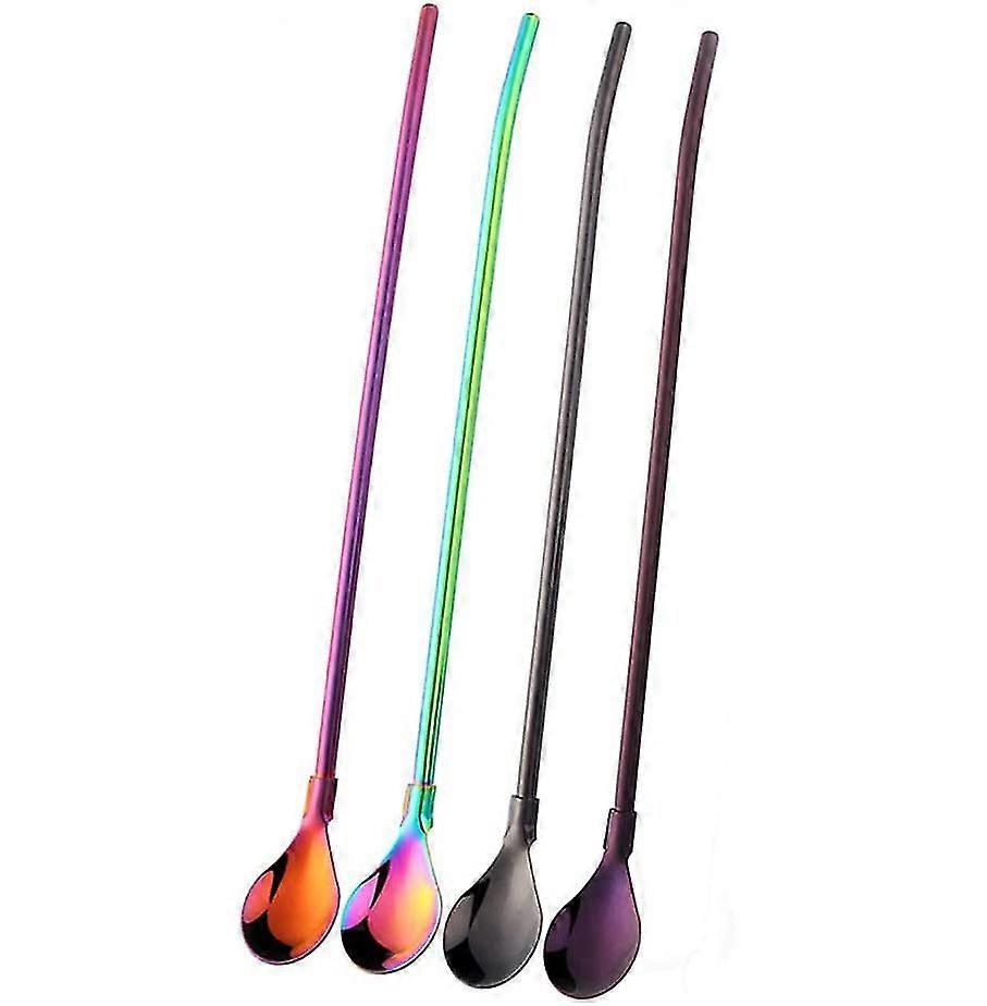 Drinking Straws Spoons Stainless Steel Straws With Spoons Set Of 4 Tubes Spoons Colorful Latte Macchiato Spoons With Straws Long-handled 8.5 Inch / 21