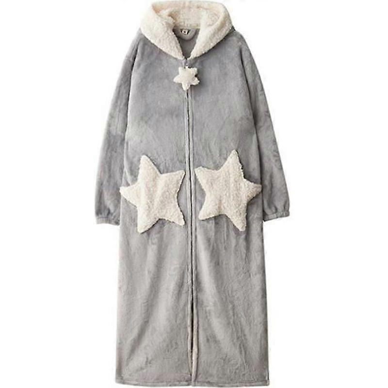 Women's Dressing Gown - Xu19940 - Grey - Hooded Splice Thicken Coral Fleece