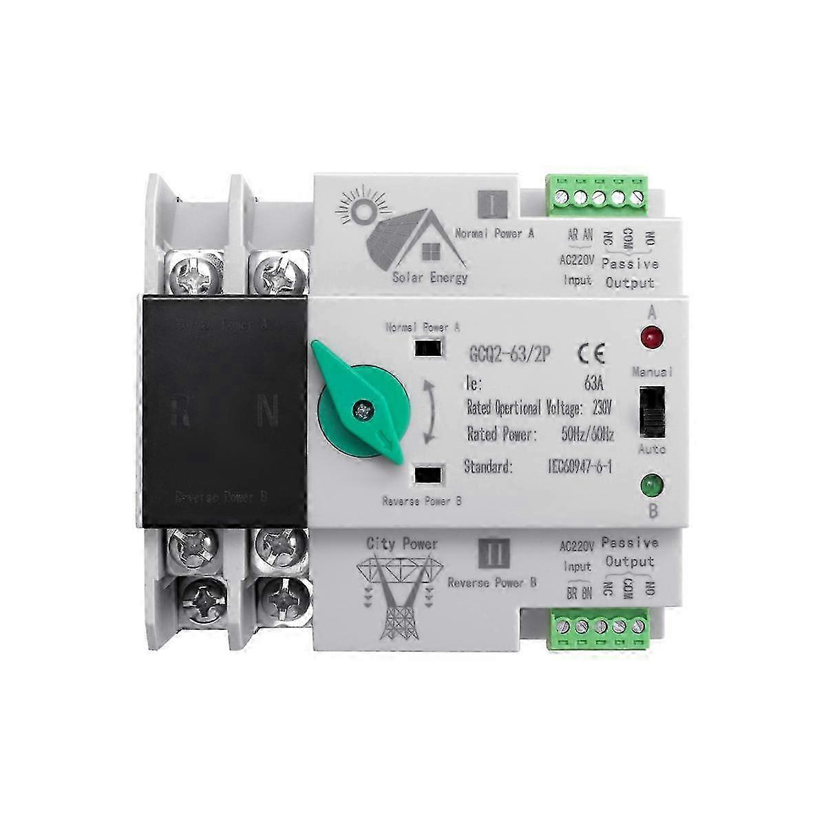 Interruptor de transferencia automática ATS de energía solar fotovoltaica Carril DIN 2P 63A AC220V ATS PV Sistema de alimentación t
