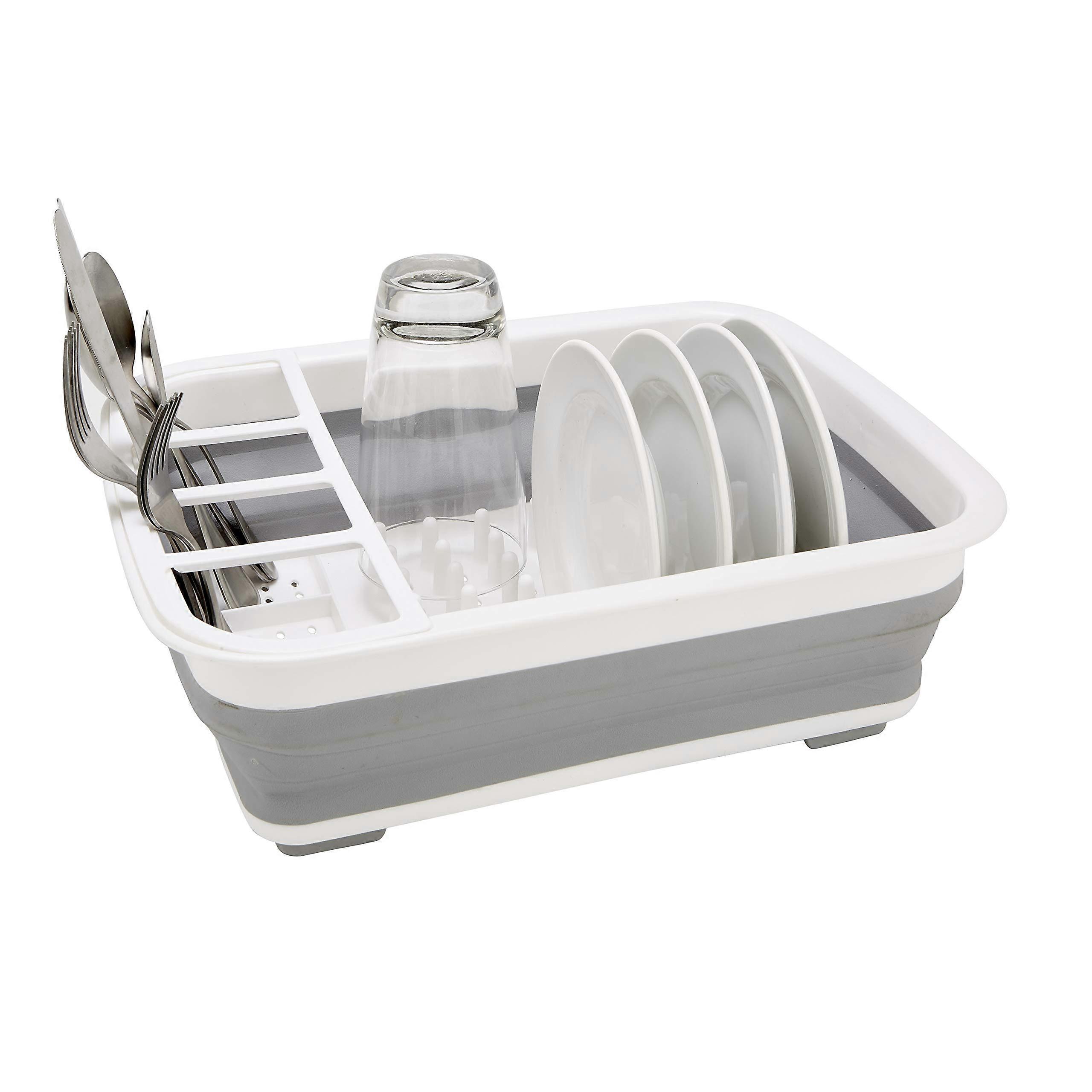 Collapsible Dish Drying Rack for Kitchen Storage | Space-Saving Design with Drain Holes | Compartments for Plates, Bowls, Utensils | White and Grey