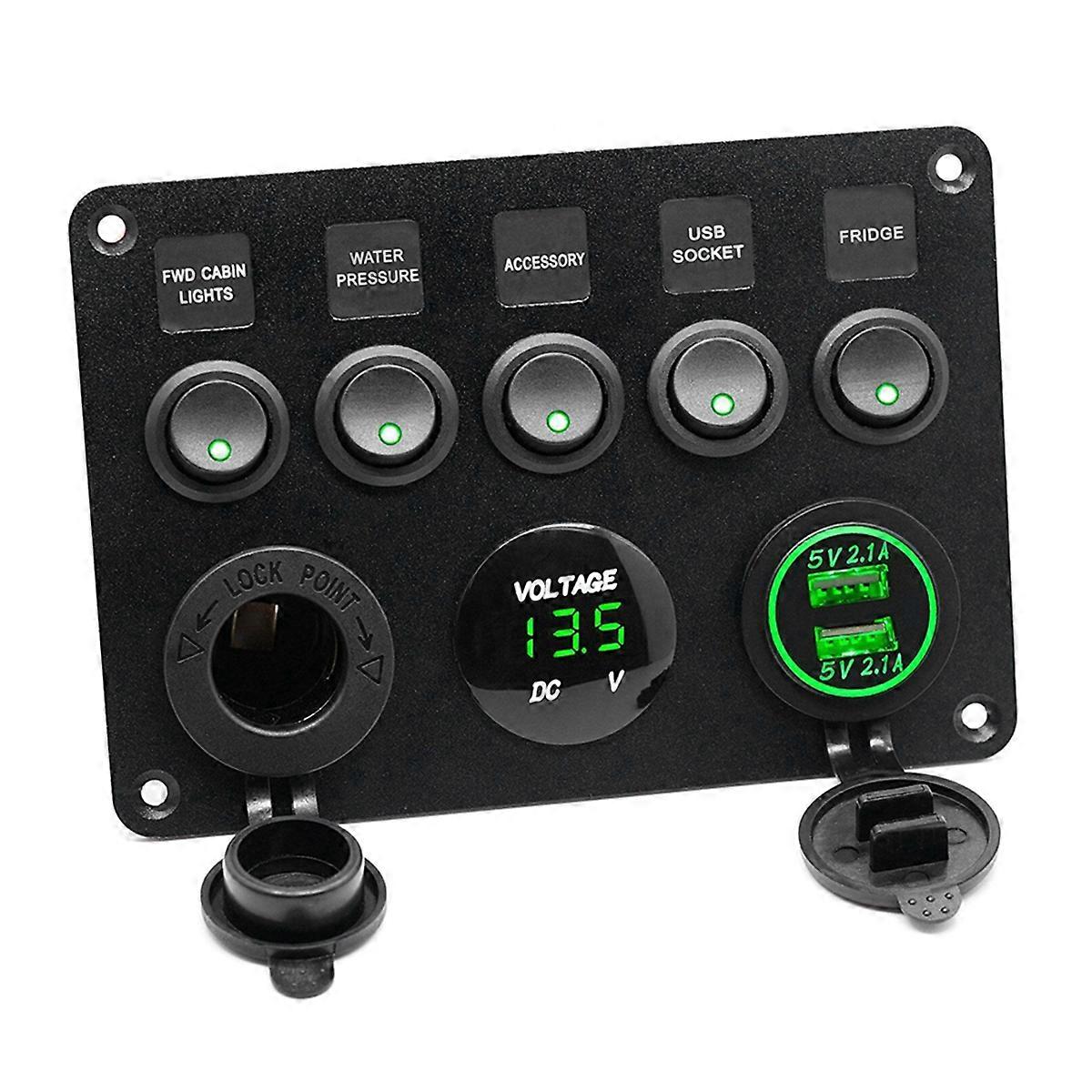 Boat Switch Panel Car Switch Panel Waterproof Digital Voltmeter Dual USB Port Outlet Combination Marine LED Rocker Red
