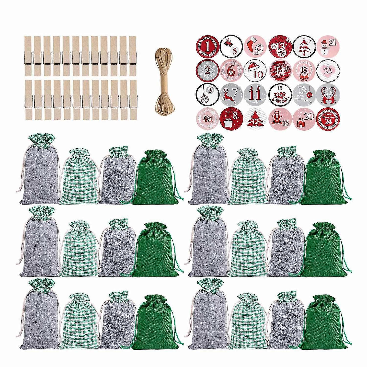 Advent Calendar Bags | Christmas Drawstring Gift Bags Set | 24 Days Burlap Hanging Advent Calendars