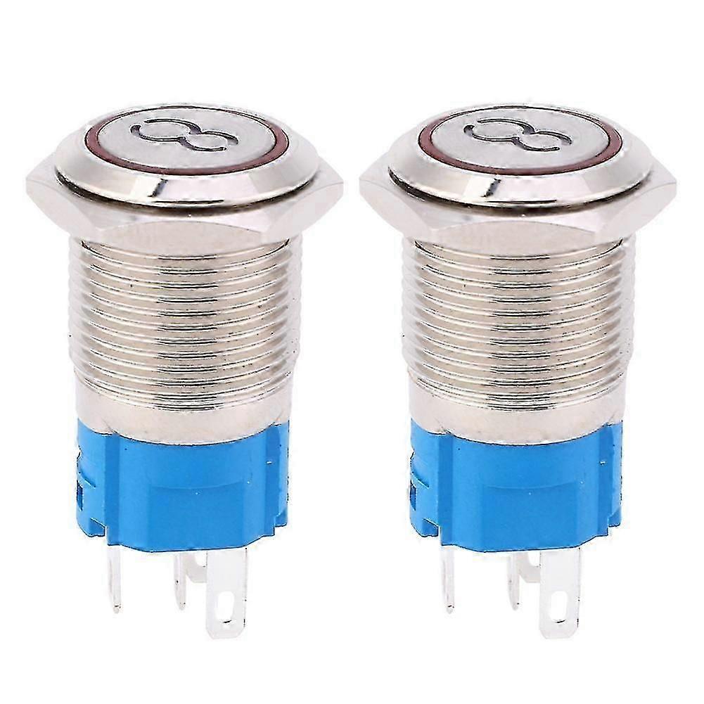 2 Pcs 16mm Button Switch Stainless Steel Flat Head Self-Reset 5 Pin Button with '8' SymbolRed 12VDC