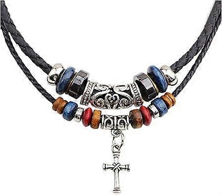 MenTastic Black Leather Necklace With Silver Cross Charm