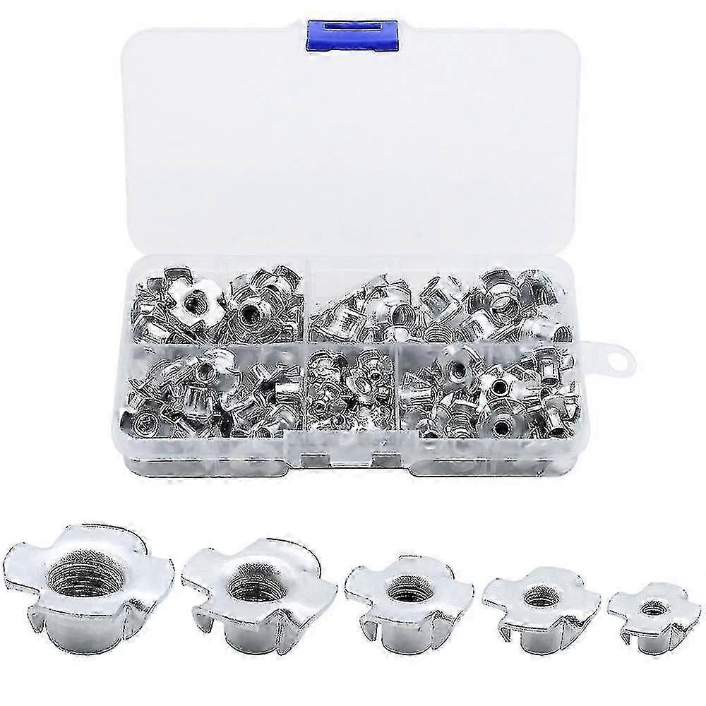 90PC亜鉛メッキドライブインインサートナットアソートメントM3-M8木工、DIY、職人用4プロングファスナー