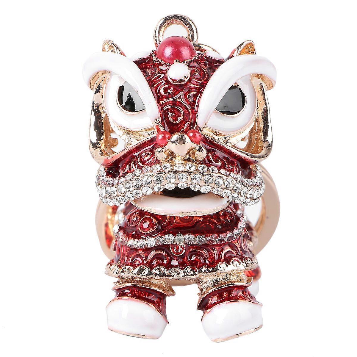 Lion Shape Key Pendant Rhinestone Keychain Chinoiserie Style Red Color 12x8cm Size Metal Material 1Pcs