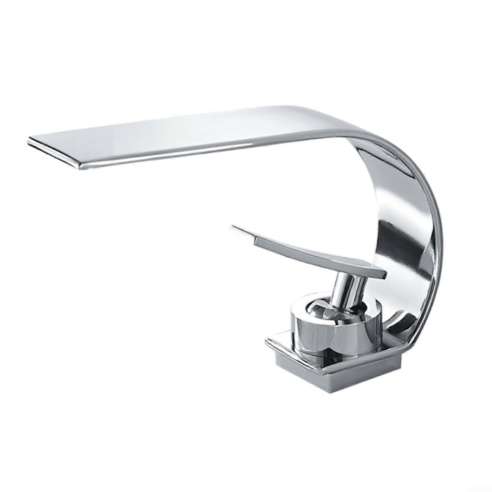 Bathroom Sink Faucet, Modern Waterfall Design, Dual Temperature Control, Brass Construction, Minimalist Silver Finish
