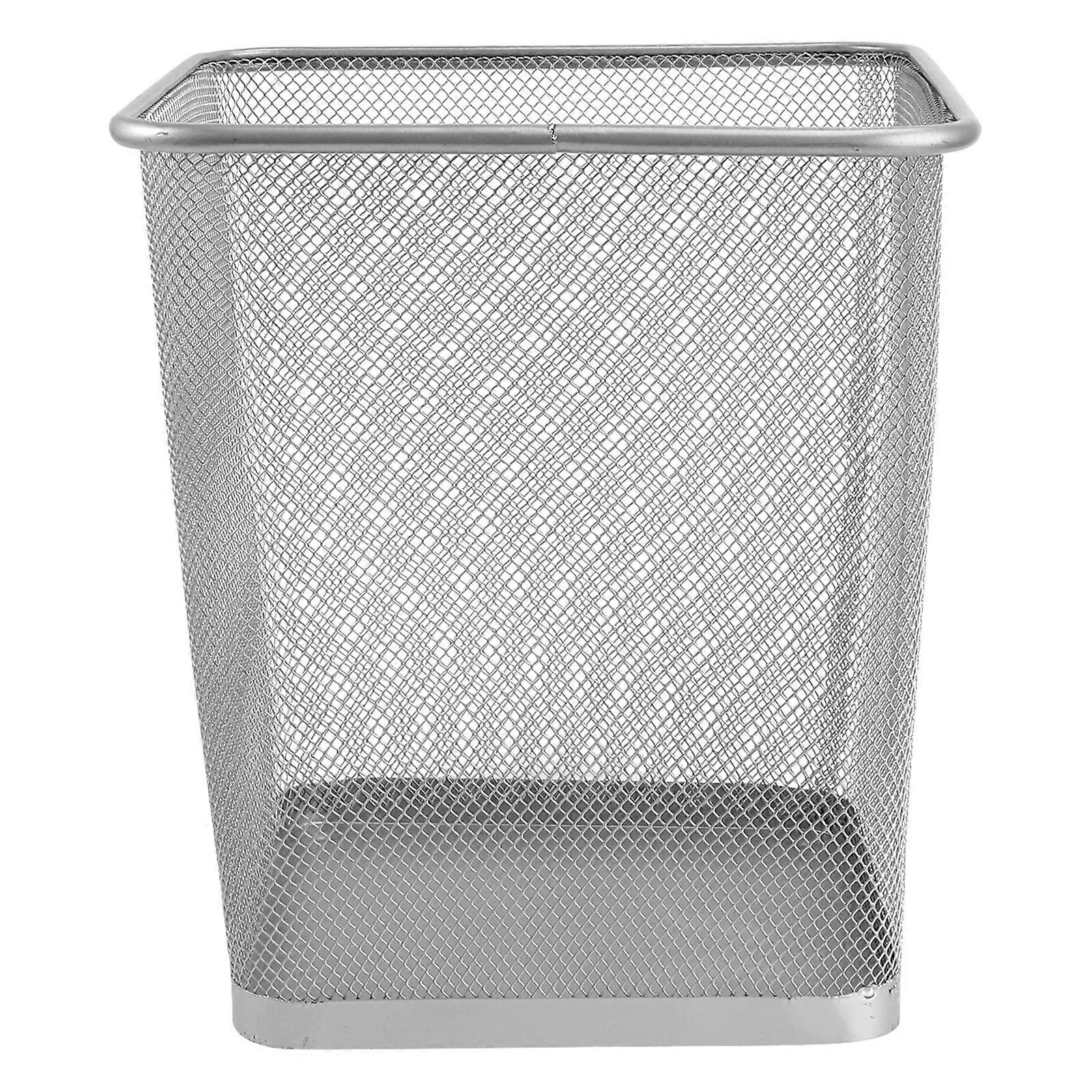 Rust Resistant Iron Waste Paper Container with Hollow Mesh Design for Office and Home, Small Square Silver Trash Bin