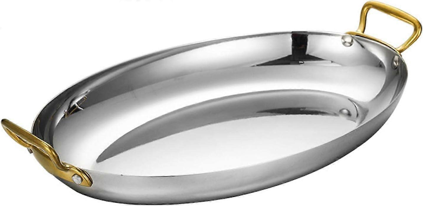 Oval Spanish Paella Pan - 40 cm Stainless Steel Non-Stick Seafood Lobster Plate with Double Handles for Home and Restaurant Use