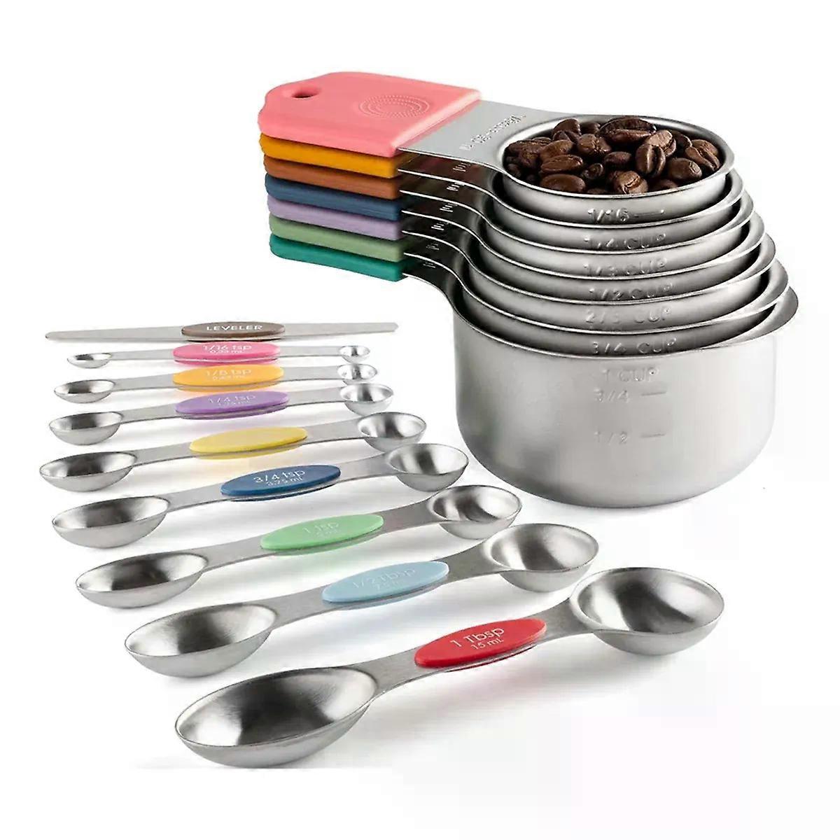 16Pc Magnetic Stainless Steel Measuring Cups&Spoons Set 7 Heavy Duty Cups 8 Double Sided Spoons with Leveler Multicolor