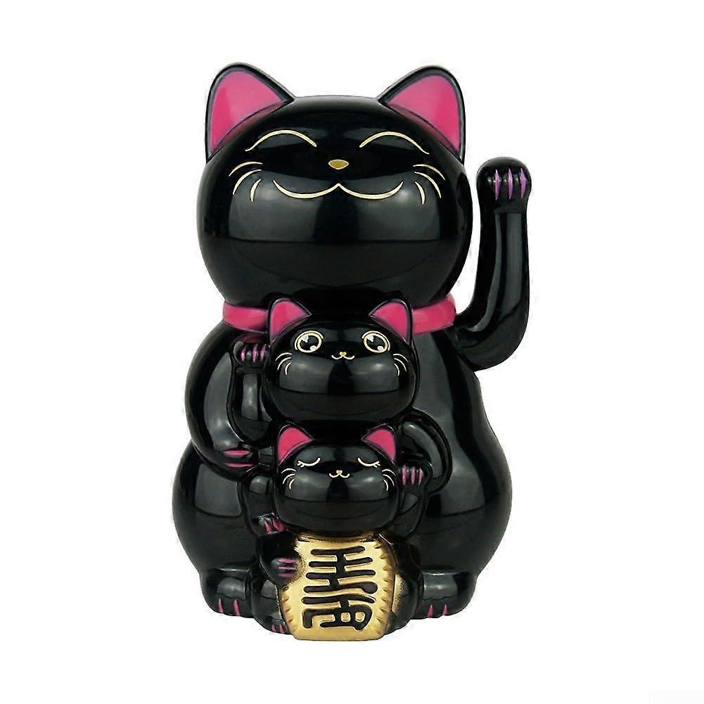Solar-Powered Lucky Cat Decoration for Three-Person Family, Automatic Black Solar Ornament for Home Garden