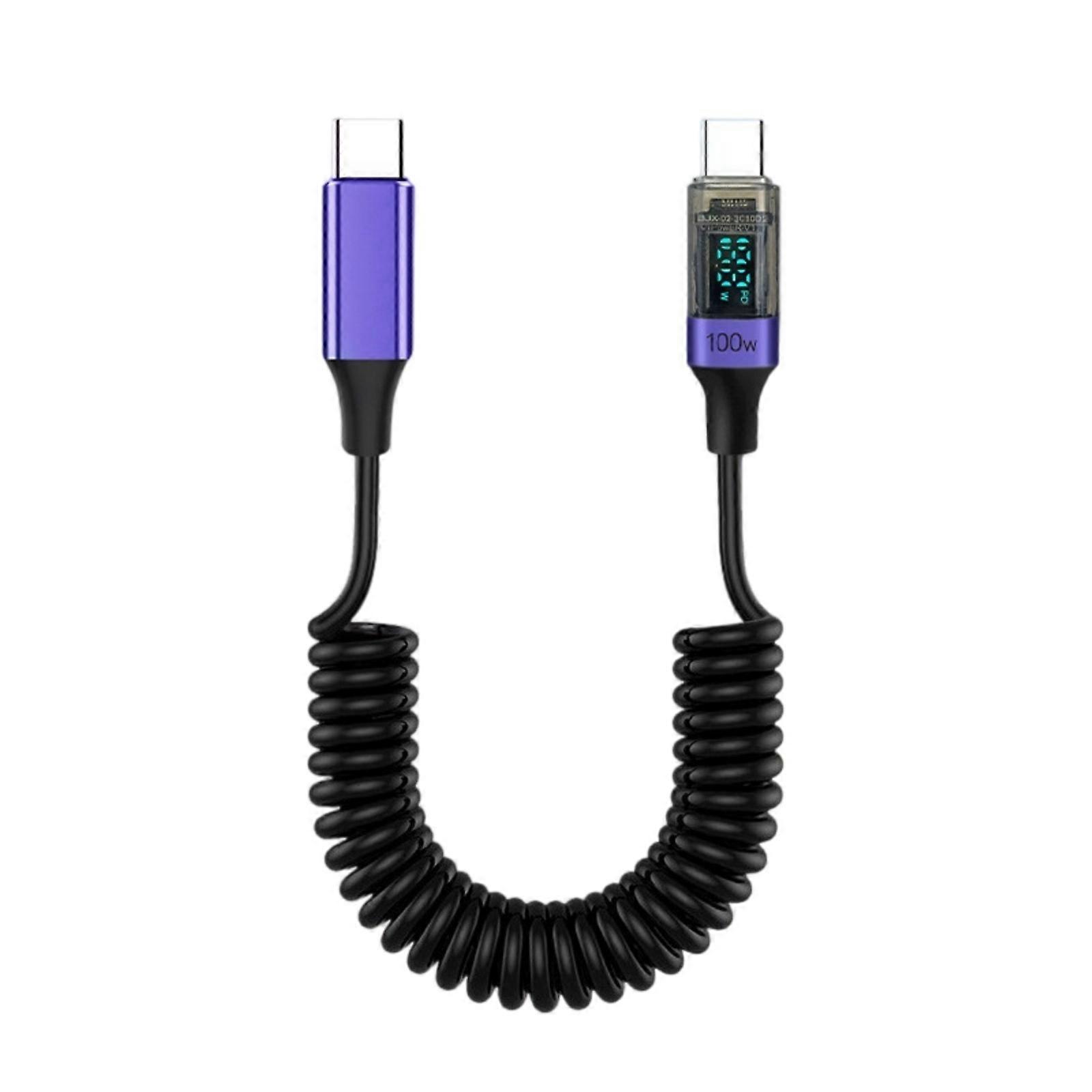 USB C To USB C 100W Fast Charging Cable Spring Coiled Designs Cord Digital Display for Smartphones Laptop Tablets  Purple