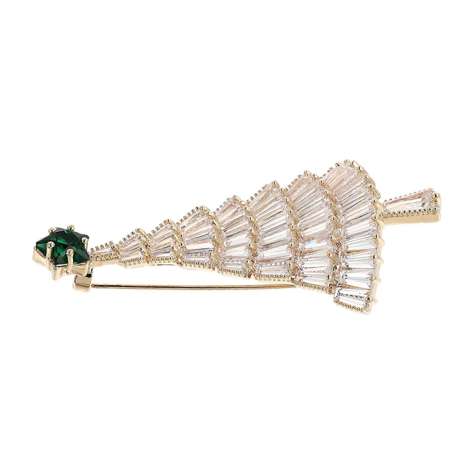 Golden Xmas Tree Brooch for Decor Use Made of Alloy and Zircon Lightweight Compact Size