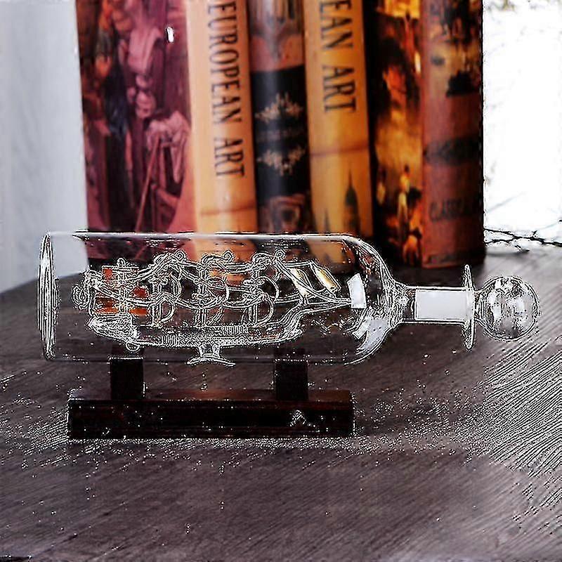 Segelboot Drifting Flasche mit Holzbasis 3D dekoratives Glas Ornament Schiff in Weinflasche 24 * 10.2cm Neu