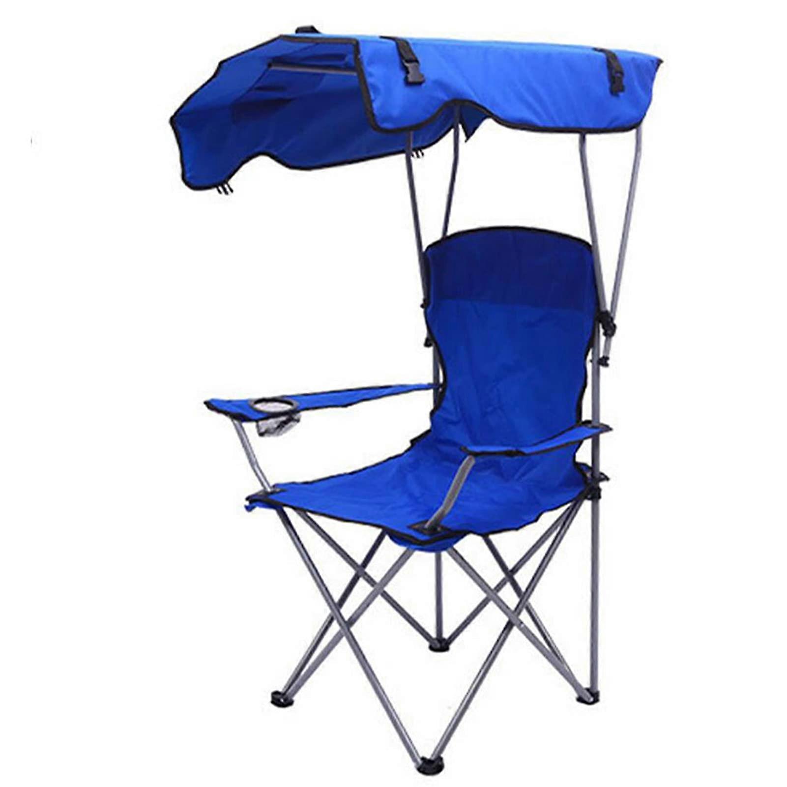Foldable camping chair with sunshade, portable beach chair with carrying bag, blue