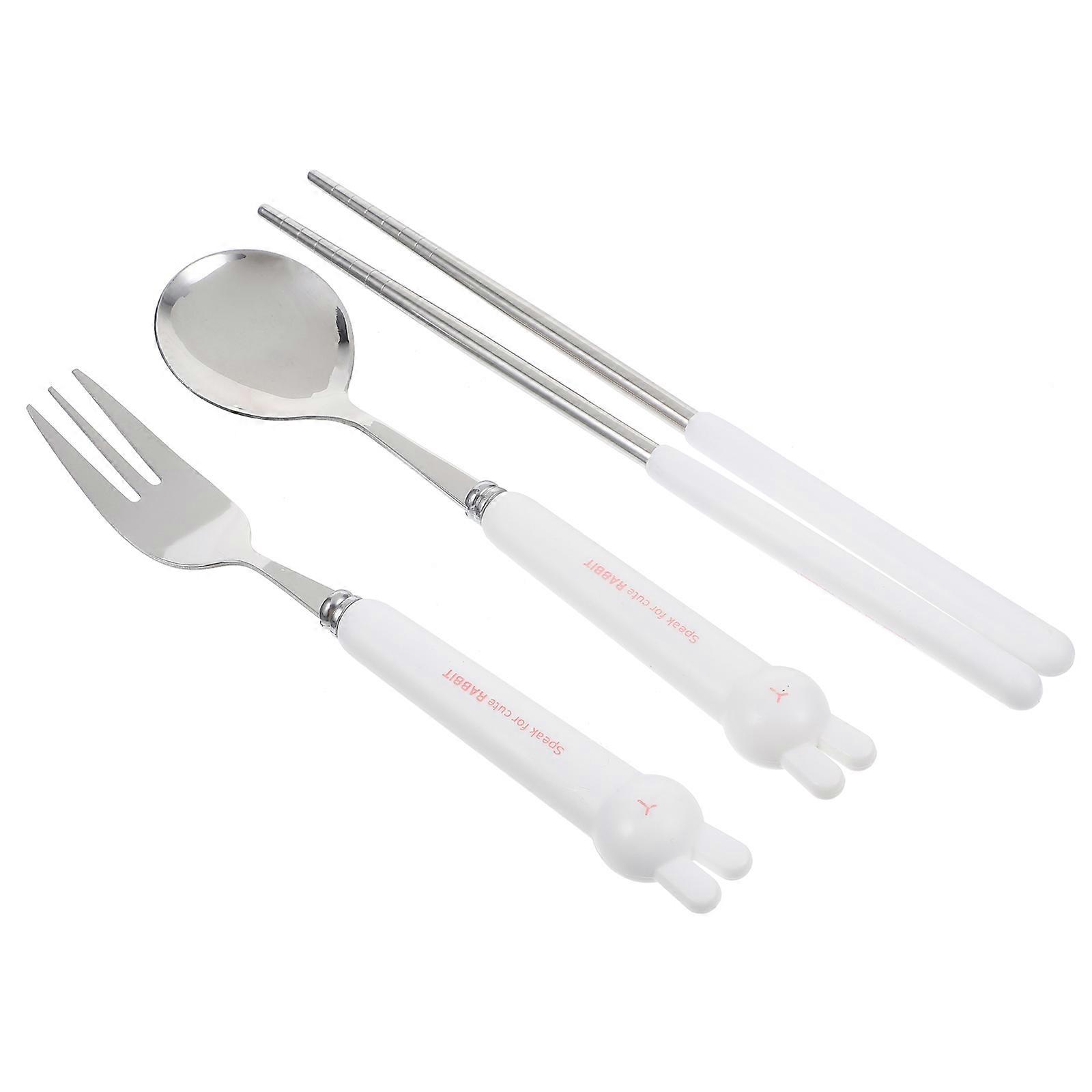 Portable Cutlery Set for Lunch Box Made of Stainless Steel and PP Ideal for Baby Use with Cartoon Design White Color