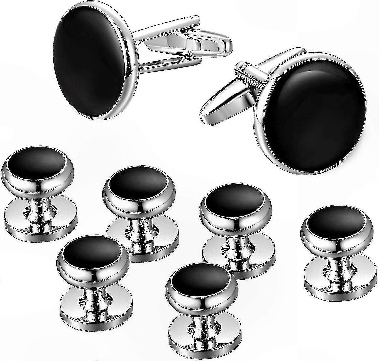 Classic Black & Silver Cufflinks and Studs Set for Men Formal Shirts