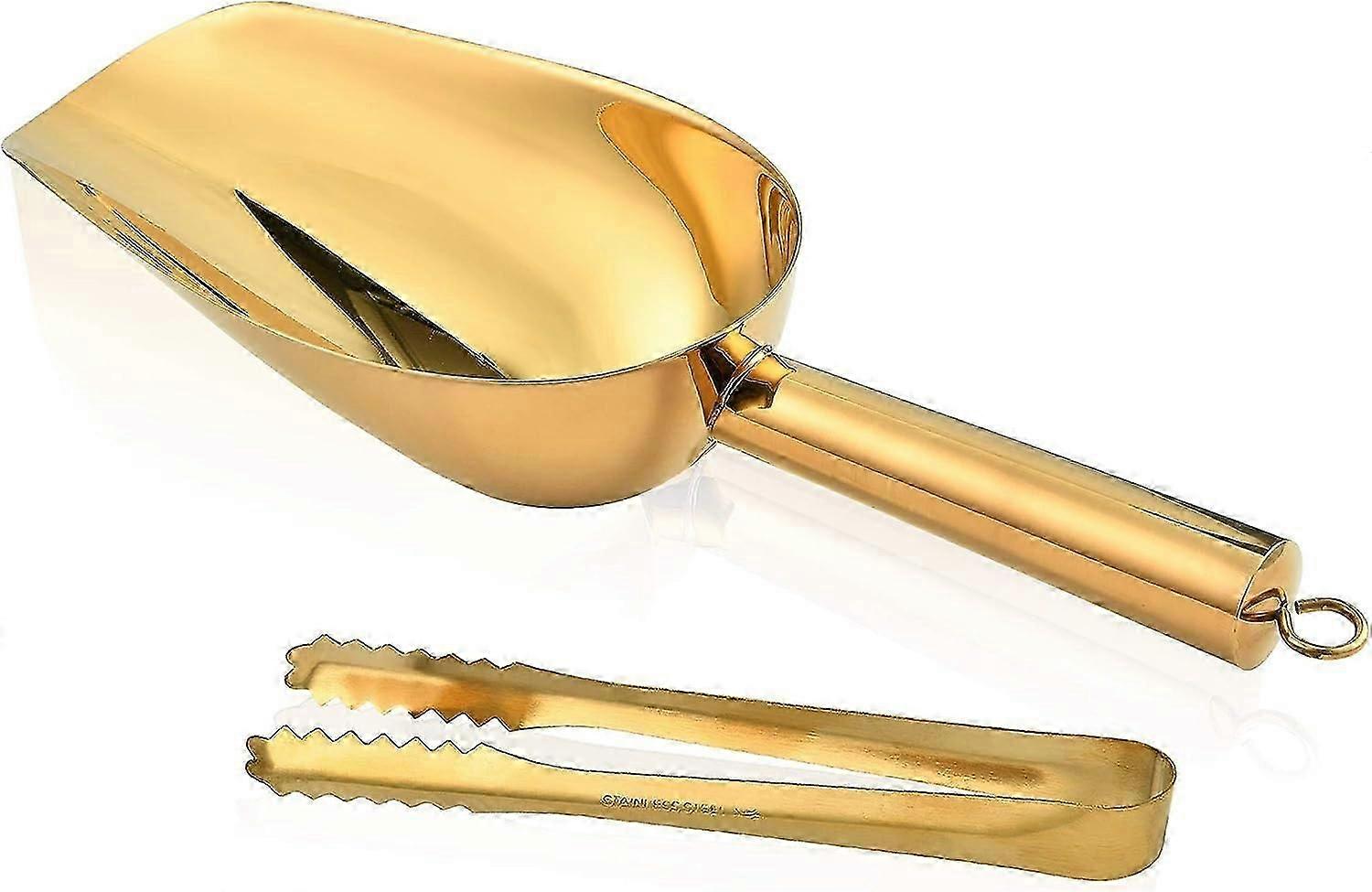 Ice utility set for kitchens, stainless steel scoop with round bottom and tongs in gold