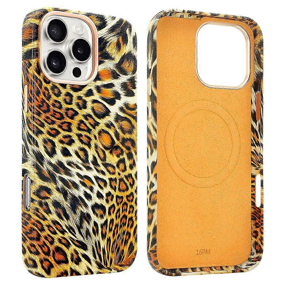 For iPhone 16 Pro Max Case Compatible with MagSafe Leopard Texture PU + PC Phone Cover
