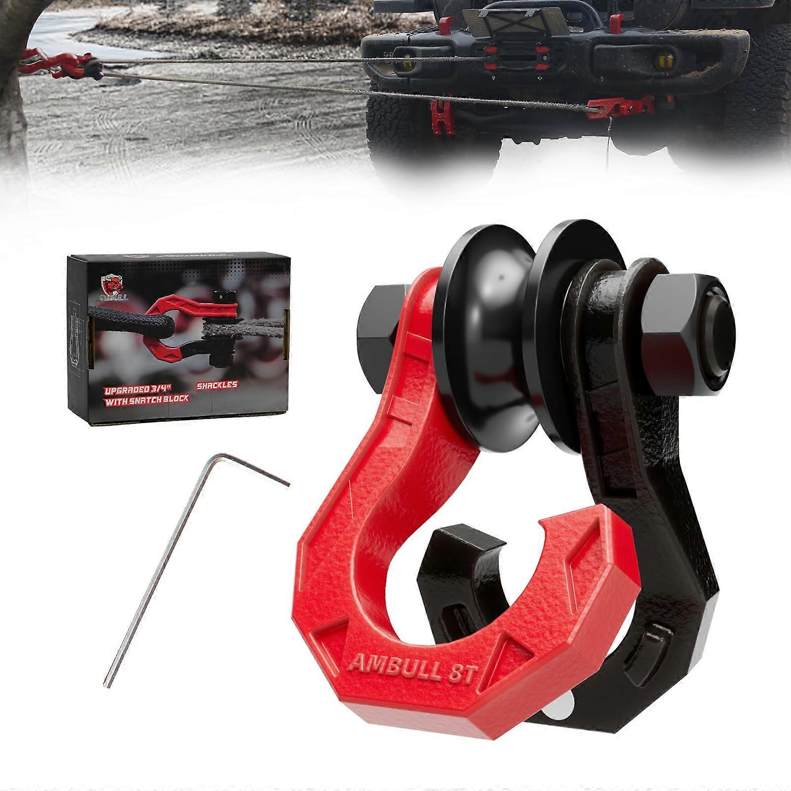 D Ring Separate Shackle 3/4 Easy Open With Snatch Block Pulley Towing Winch OffRoad Recovery Truck ATV UTV Black Red
