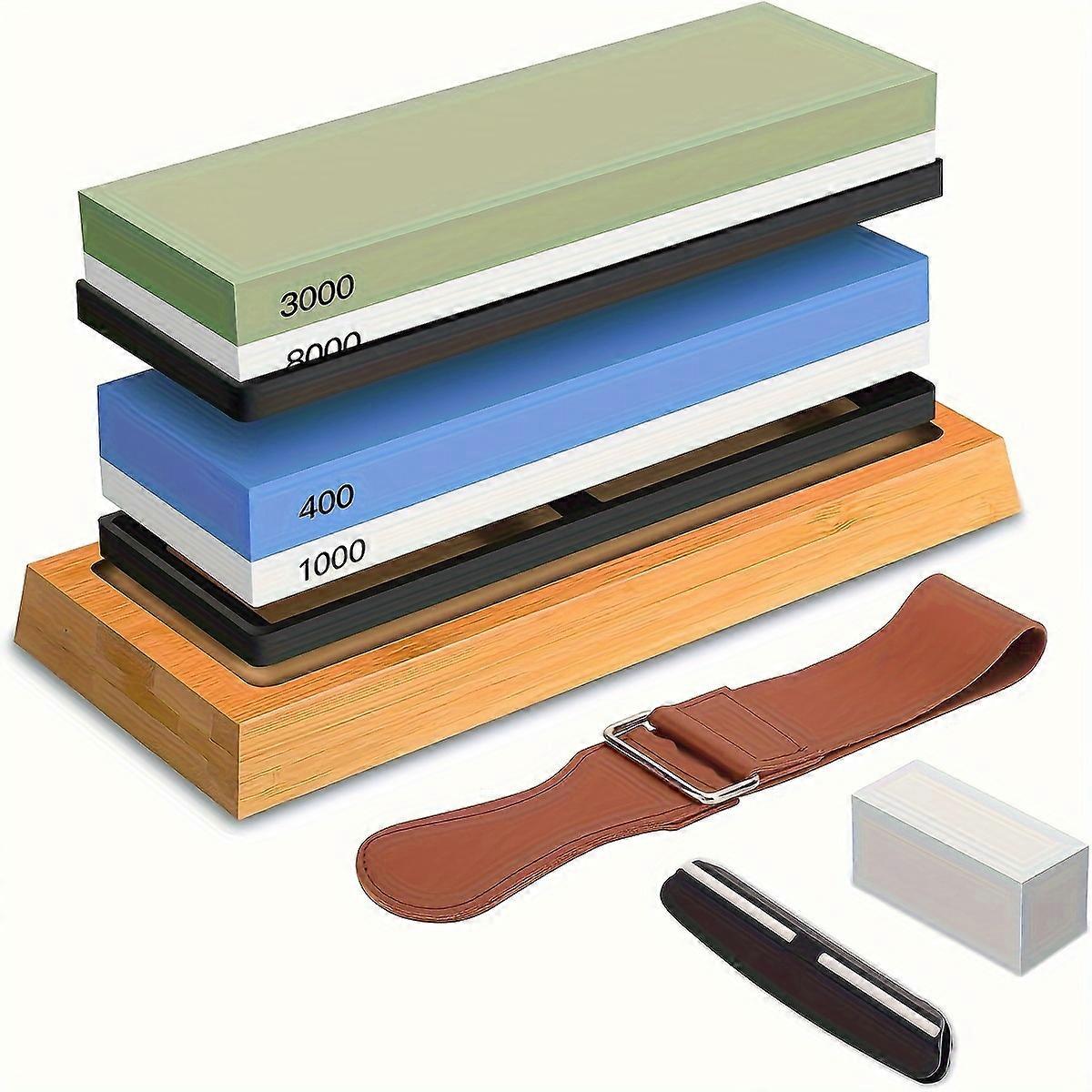 Sharpening Stone Set 4 Side Grit 400/1000 3000/8000, Premium Knife Sharpener, Knife Sharpening Stone Kit with Bamboo Base