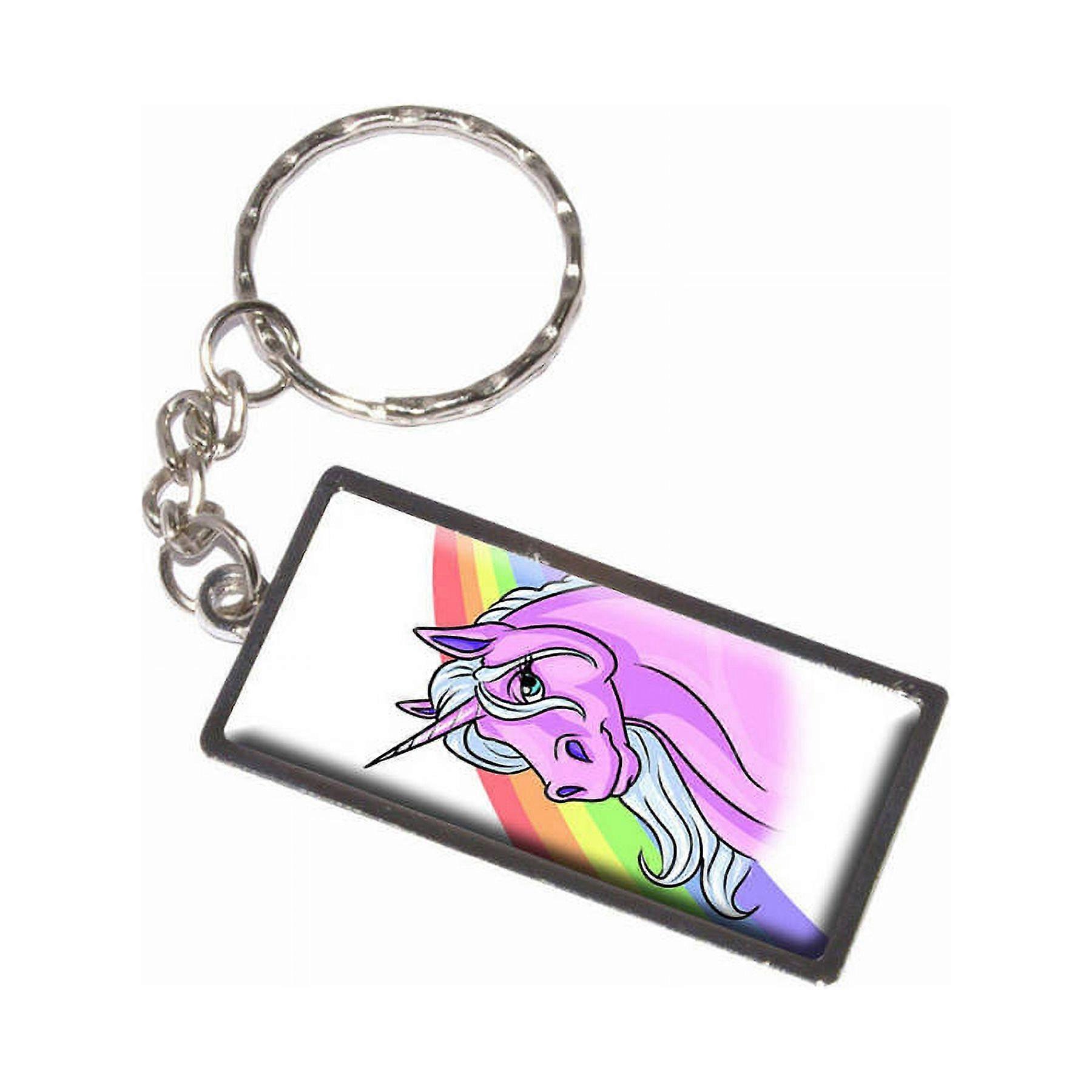 Pink Unicorn On Rainbow Keychain Key Chain Ring