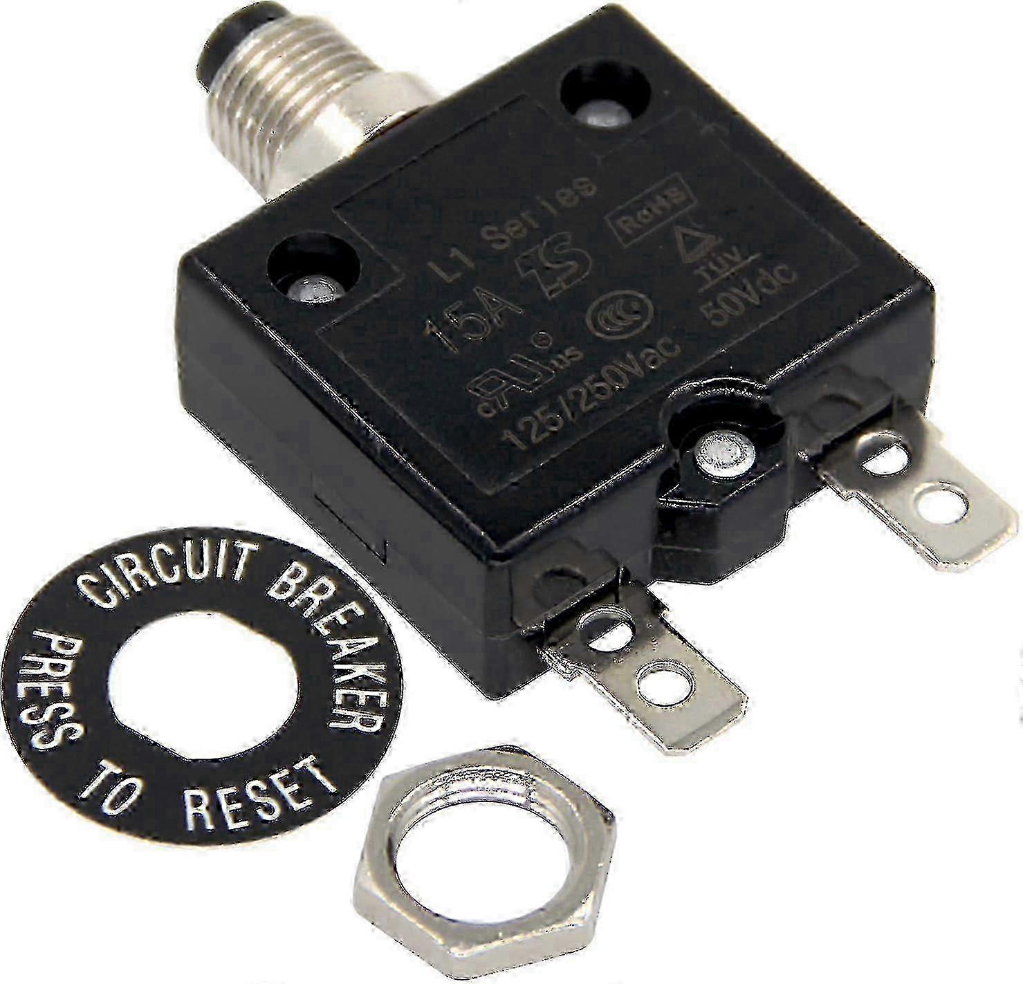 25-26 15A Manual Reset Thermal Circuit Breaker - 125-250V AC 50V DC Push Button for L1 Series