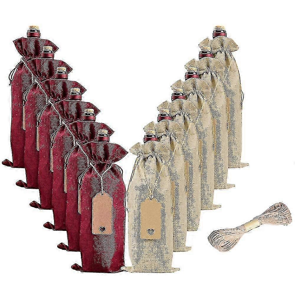 12 Pcs Wine Bottle Bags - Burlap Drawstring & Tags Included